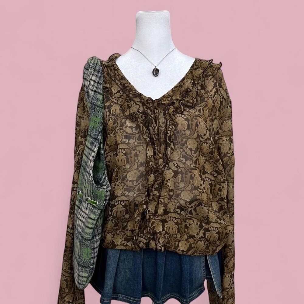 y2k brown floral paisley boho granola grunge semi sheer top